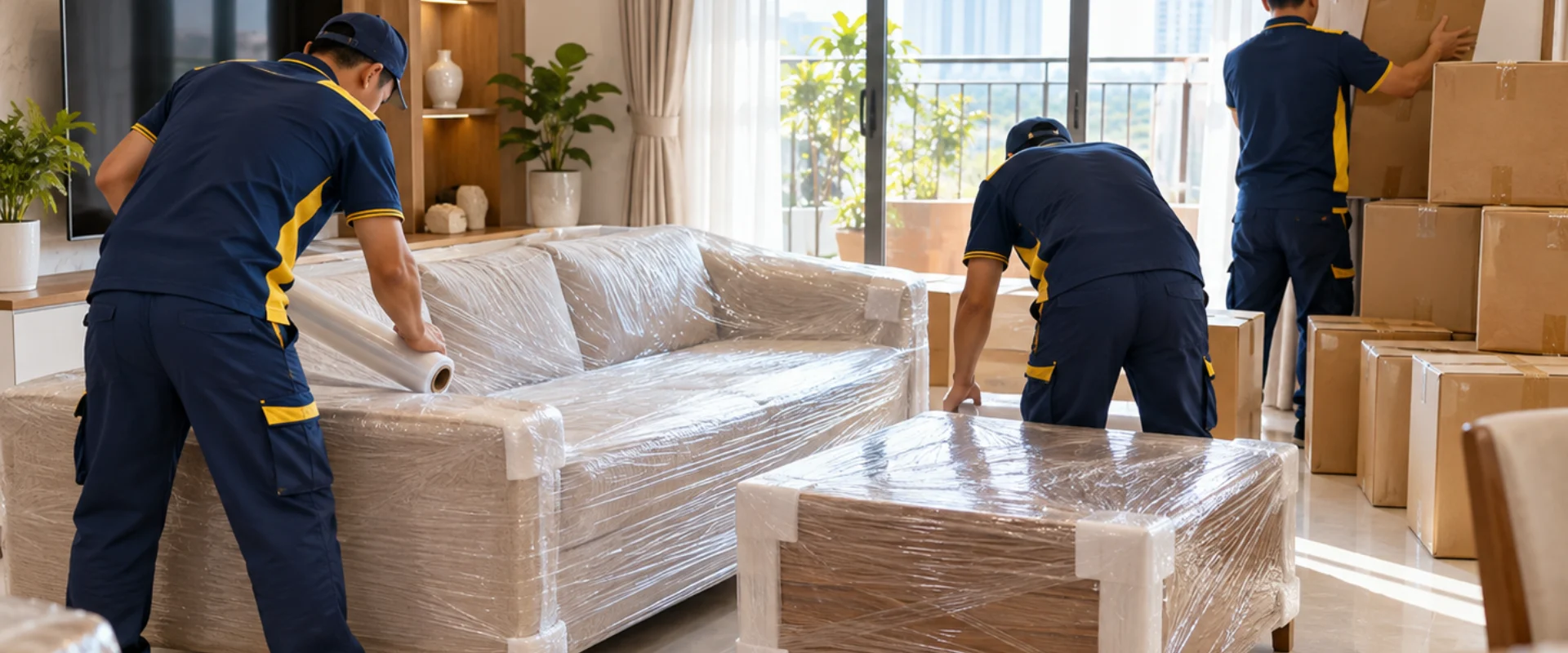 Đội Kim Phát bốc xếp thùng đồ lên xe tải trước nhà phố