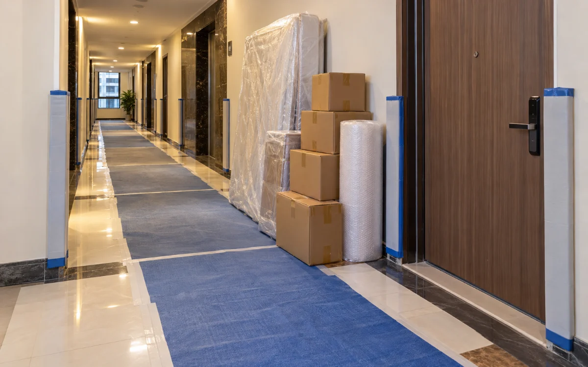 Hành lang chung cư được trải tấm bảo vệ khi chuyển đồ