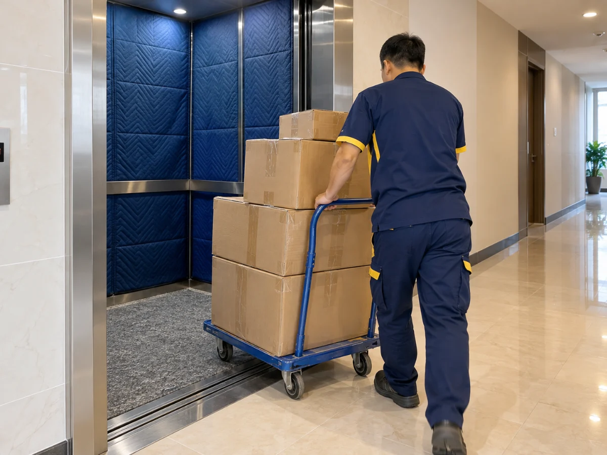 Bốc vác thùng đồ trong thang máy chung cư có đệm bảo vệ